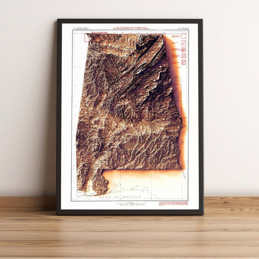 Alabama (USA) vintage framed shaded relief map in black frame. Artistic print highlighting mountains with a realistic terrain effect