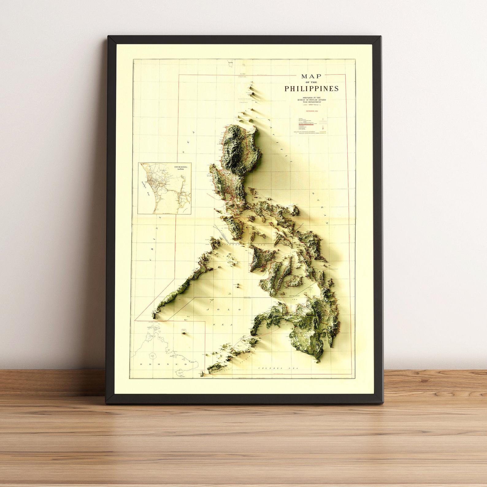 Philippines vintage framed shaded relief map in black frame. Artistic print highlighting mountains with a realistic terrain effect