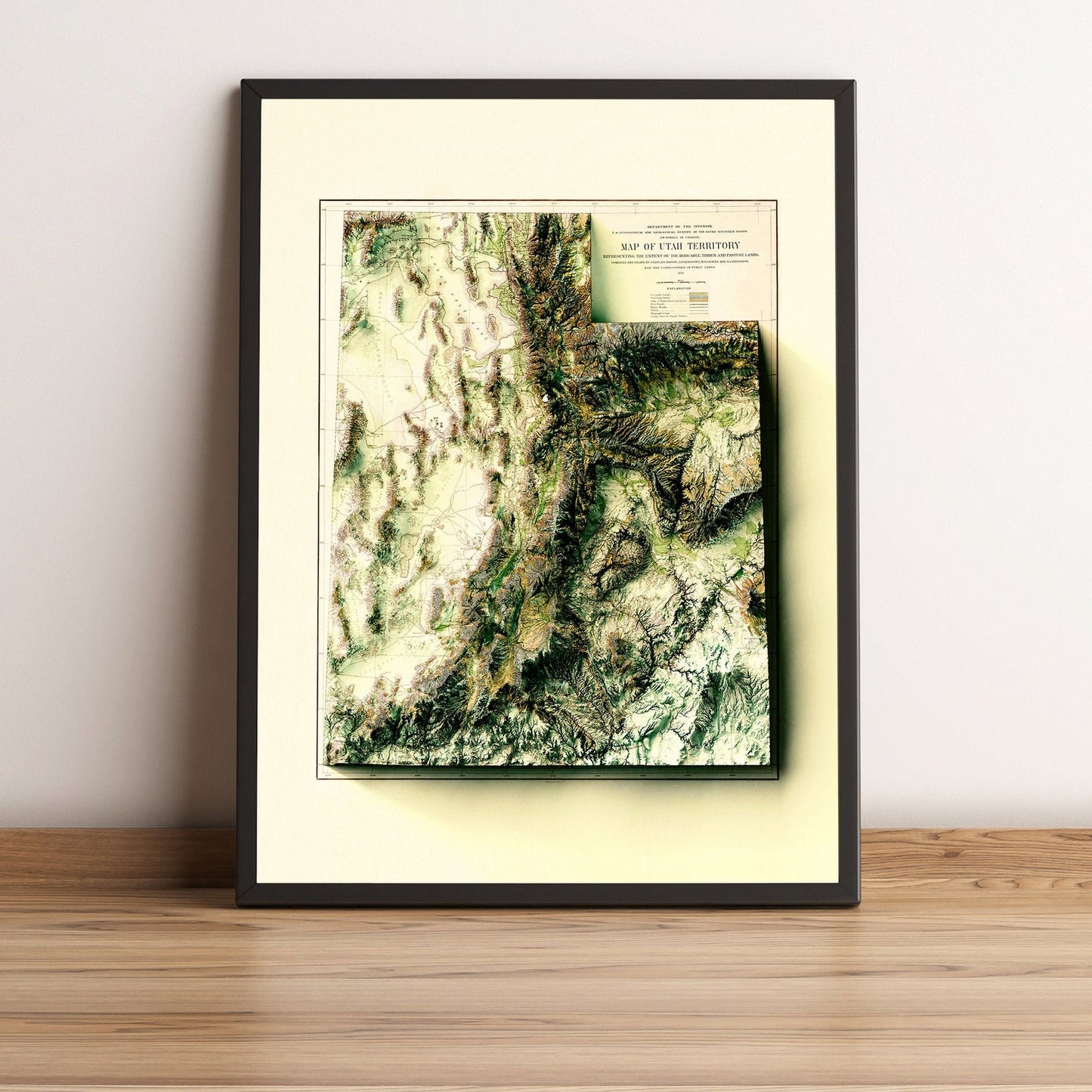 Utah (USA) vintage framed shaded relief map in black frame. Artistic print highlighting mountains with a realistic terrain effect