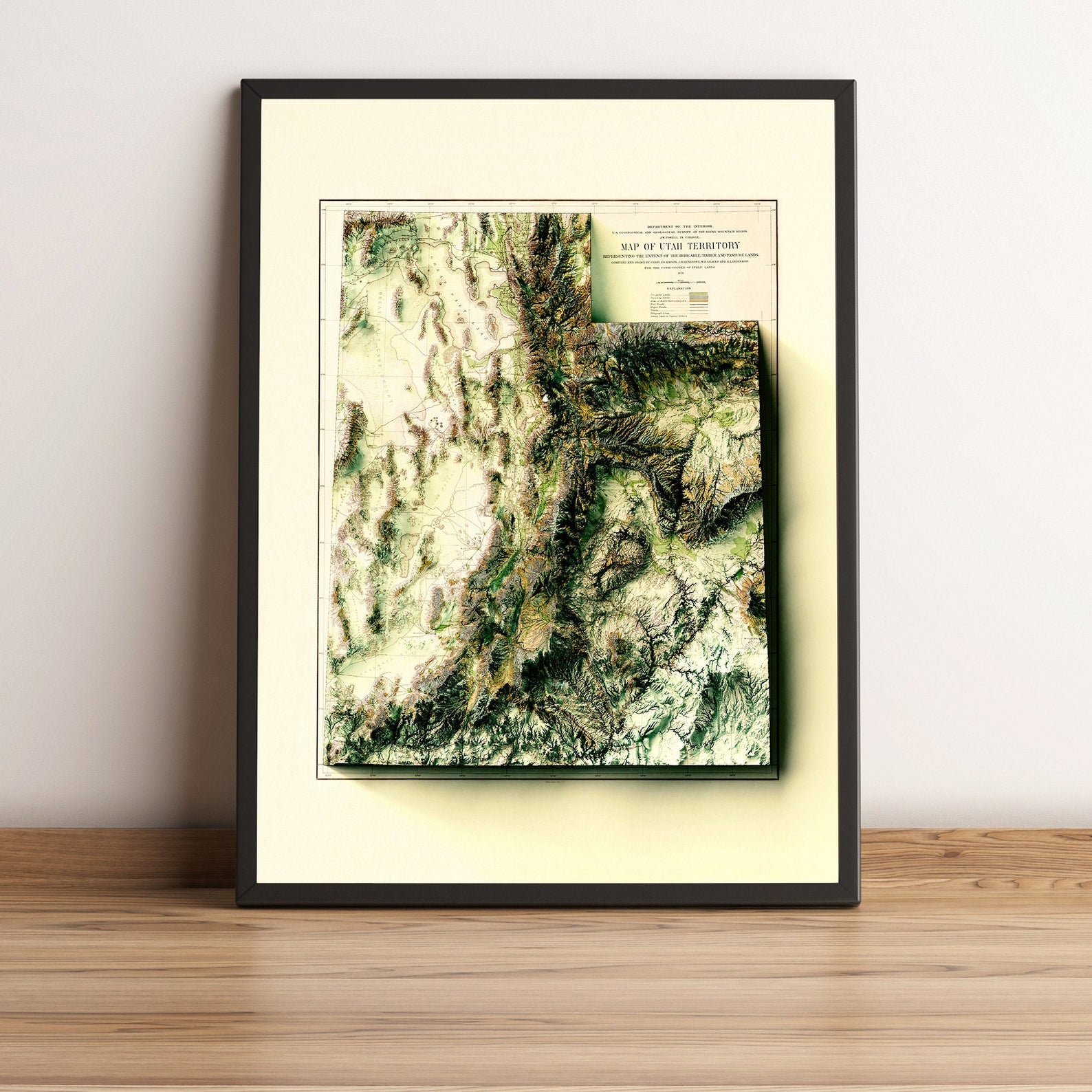Utah (USA) vintage framed shaded relief map in black frame. Artistic print highlighting mountains with a realistic terrain effect
