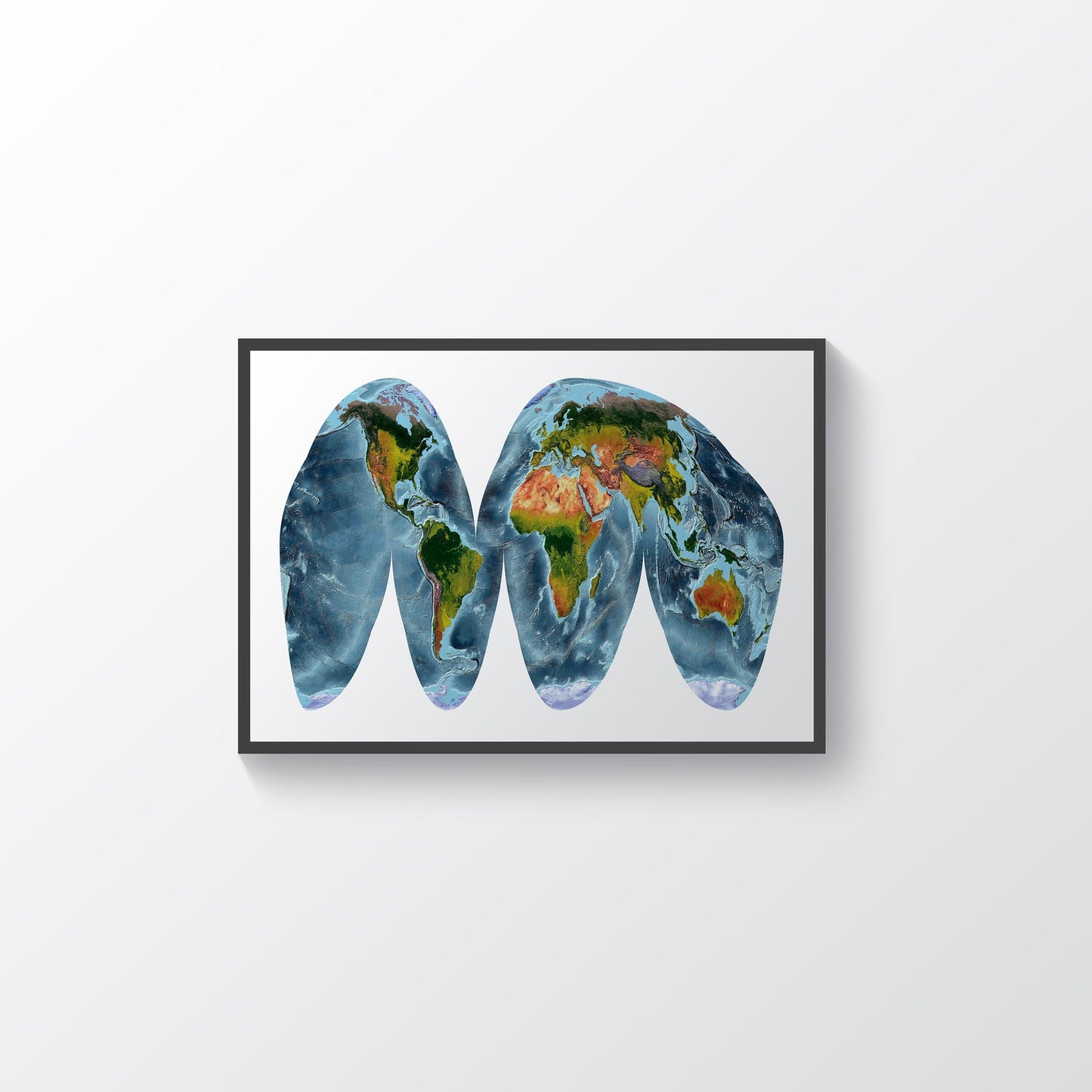 World framed shaded relief map in black frame, showing Goode Homolosine Land Projection. Artistic print highlighting vegetation and bathymetry