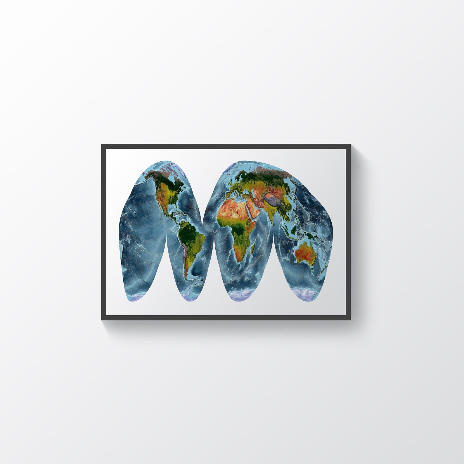 World framed shaded relief map in black frame, showing Goode Homolosine Land Projection. Artistic print highlighting vegetation and bathymetry