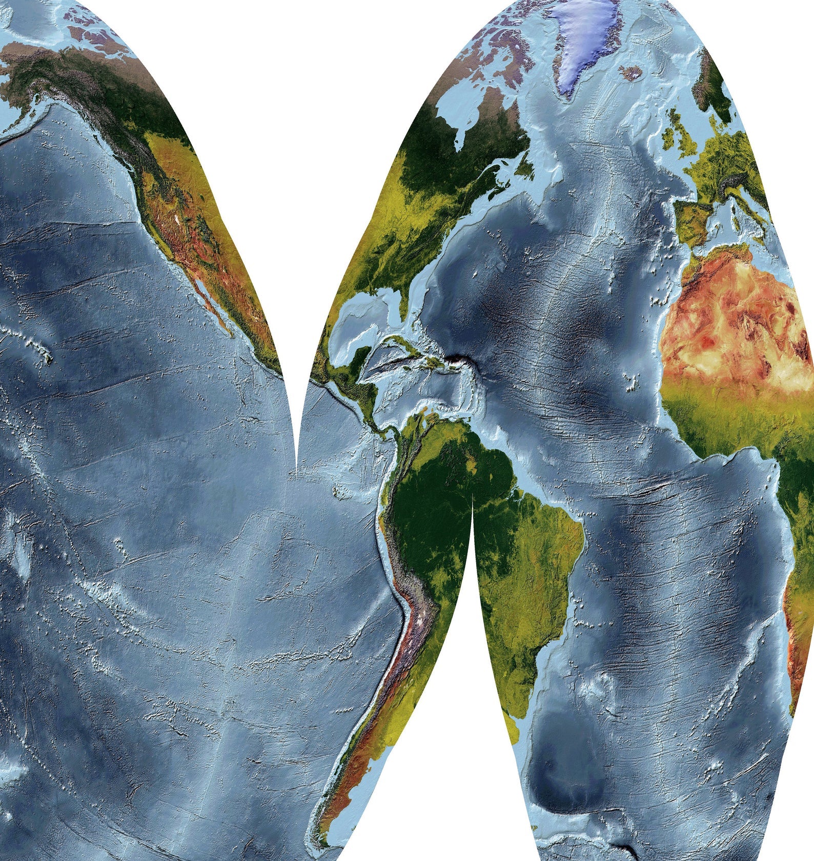 Detailed close-up of a Goode Homolosine Ocean Projection World relief map, showcasing textured topography and geographic features