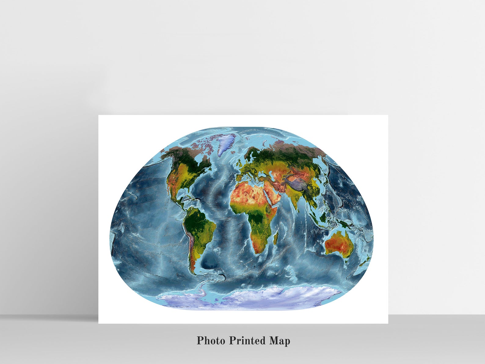 Loximuthal Projection World Shaded relief map print, highlighting topography. Ideal for home decor and geography lovers