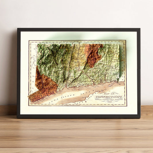 Connecticut (USA) vintage framed shaded relief map in black frame. Artistic print highlighting mountains with a realistic terrain effect