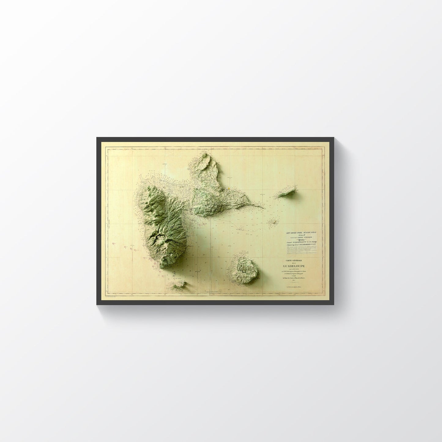 Guadeloupe (France) vintage framed shaded relief map in black frame. Artistic print highlighting mountains with a realistic terrain effect