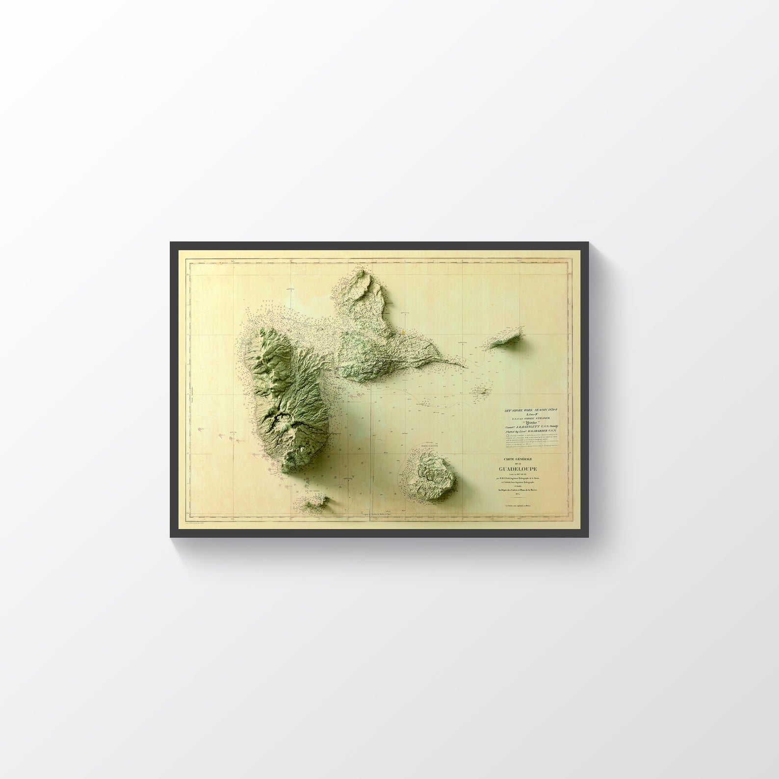 Guadeloupe (France) vintage framed shaded relief map in black frame. Artistic print highlighting mountains with a realistic terrain effect