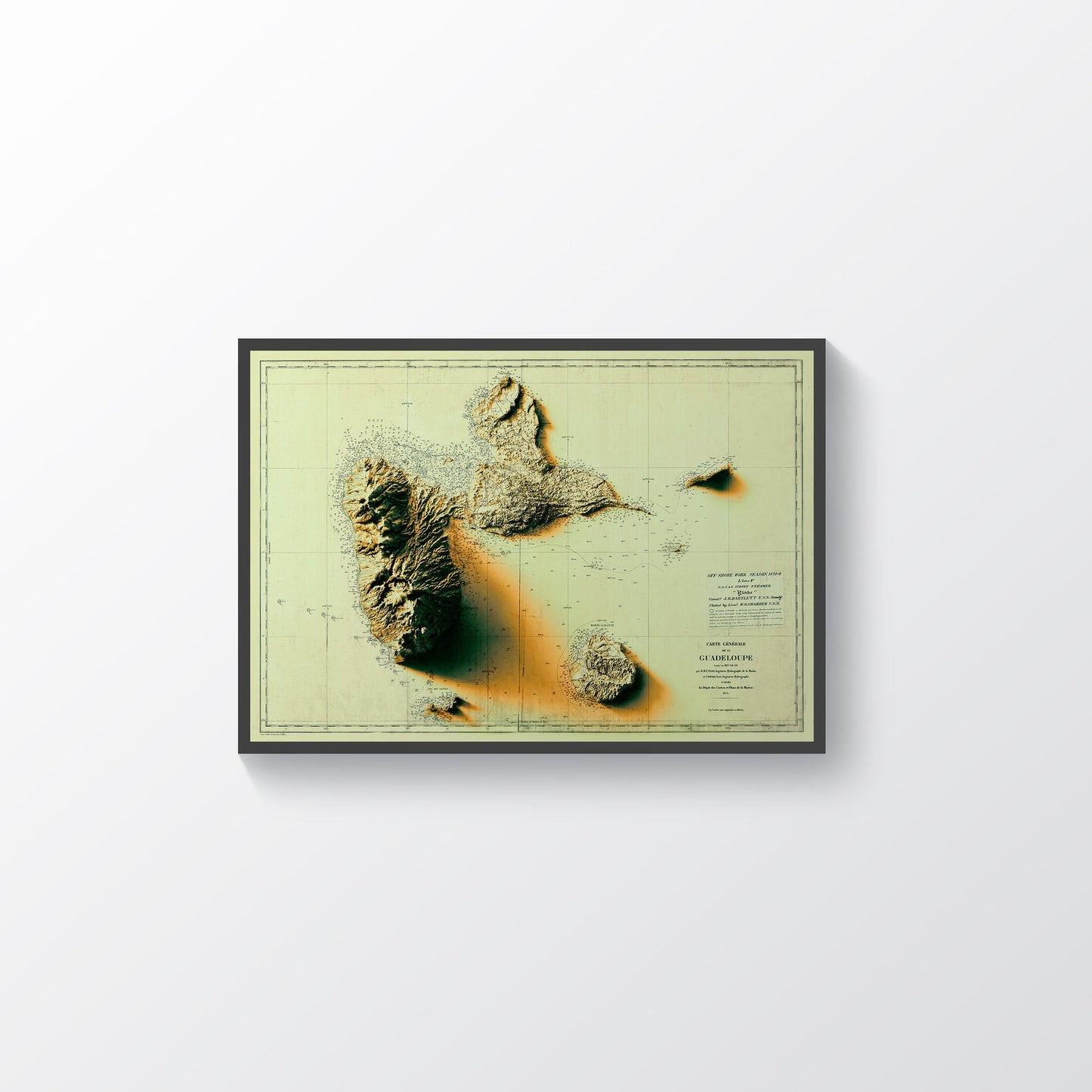 Guadeloupe (France) vintage framed shaded relief map in black frame. Artistic print highlighting mountains with a realistic terrain effect