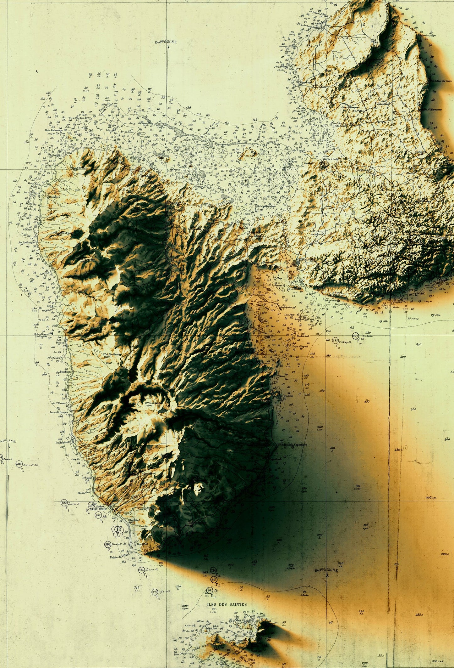 Detailed close-up of a vintage Guadeloupe (France) relief map, showcasing textured topography and geographic contours