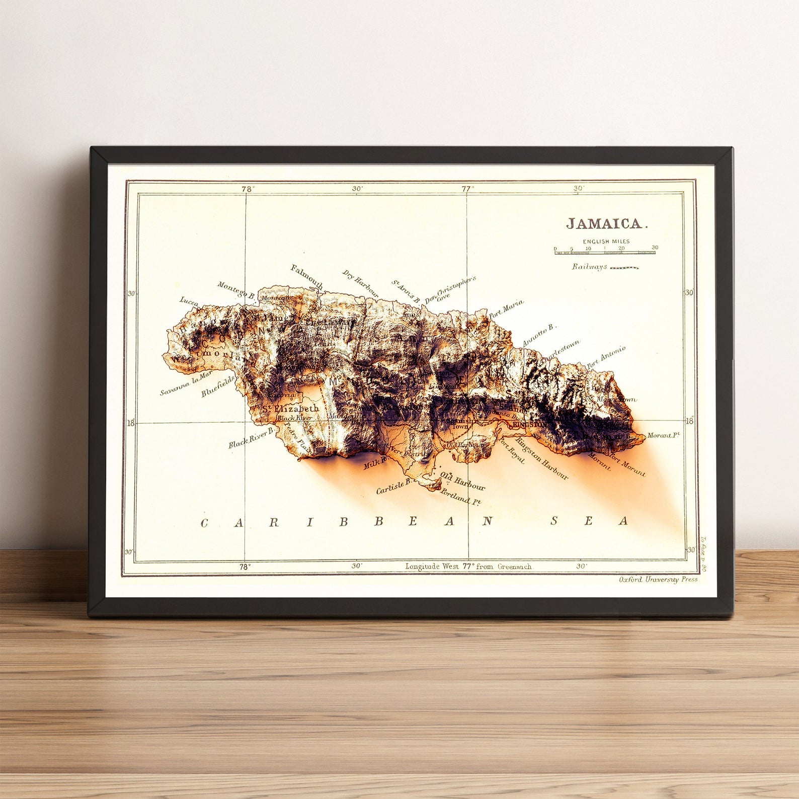 Jamaica vintage framed shaded relief map in black frame. Artistic print highlighting mountains with a realistic terrain effect