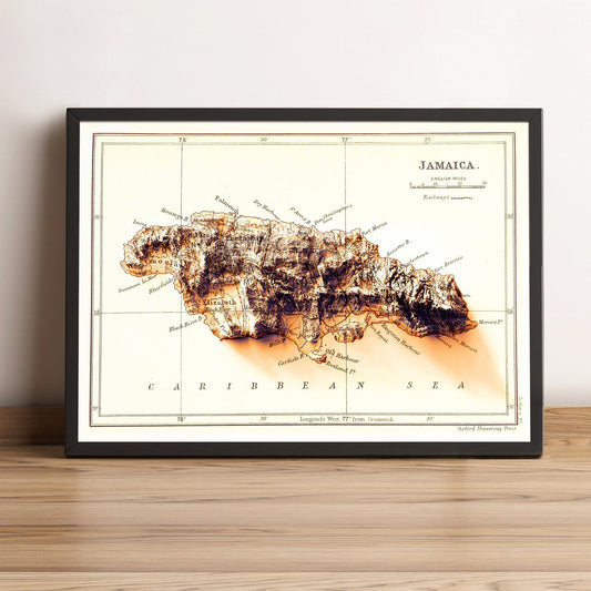 Jamaica vintage framed shaded relief map in black frame. Artistic print highlighting mountains with a realistic terrain effect