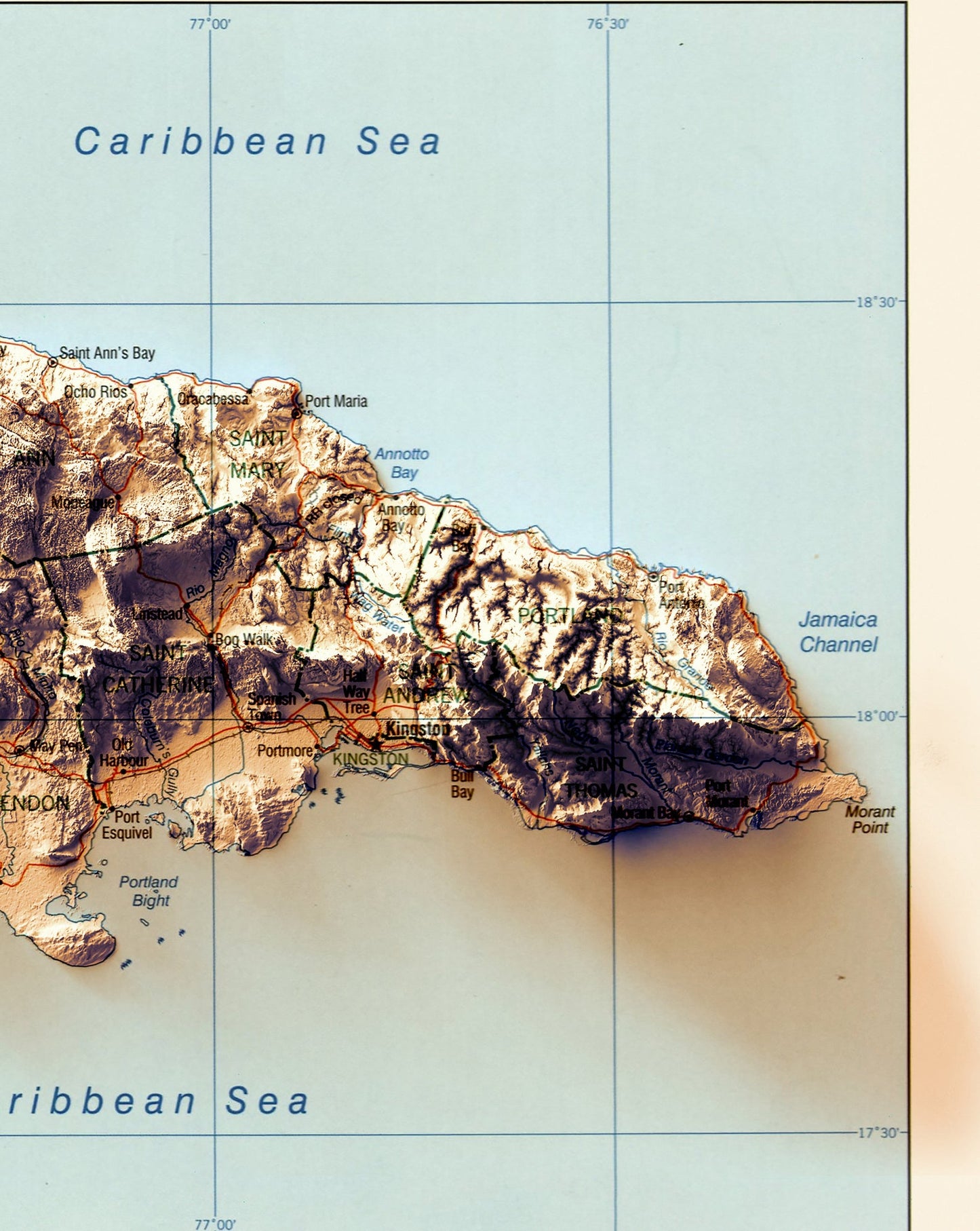 Detailed close-up of a vintage Jamaica relief map, showcasing textured topography and geographic contours