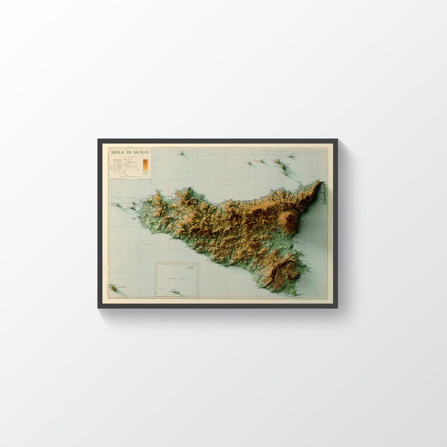 Sicily (italy) vintage framed shaded relief map in black frame. Artistic print highlighting mountains with a realistic terrain effect
