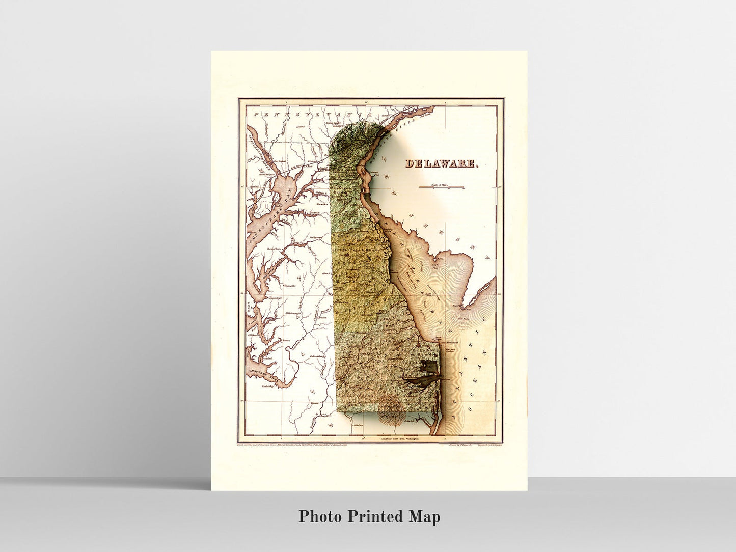 Delaware (USA) Shaded relief map print, highlighting topography. Ideal for home decor and geography lovers