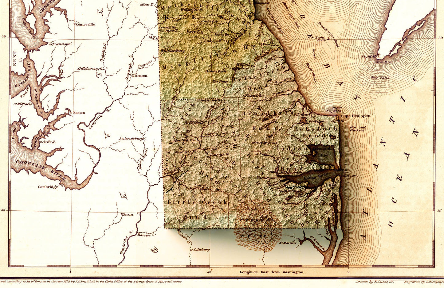 Detailed close-up of a vintage Delaware (USA) map, showcasing textured topography and geographic contours