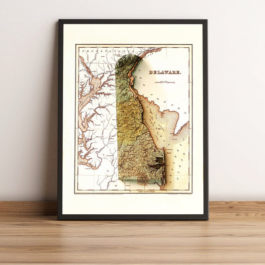 Delaware (USA) vintage framed shaded relief map in black frame. Artistic print highlighting mountains with a realistic terrain effect