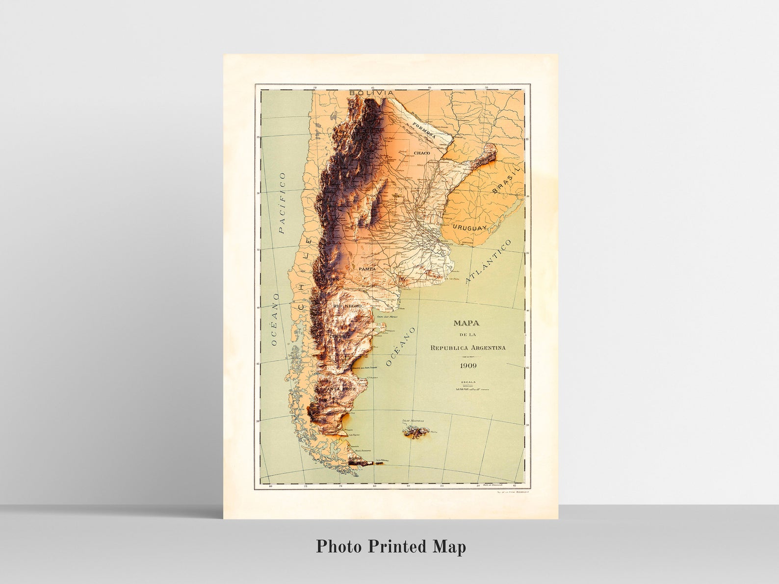Argentina relief map print, highlighting topography. Ideal for home decor and geography lovers