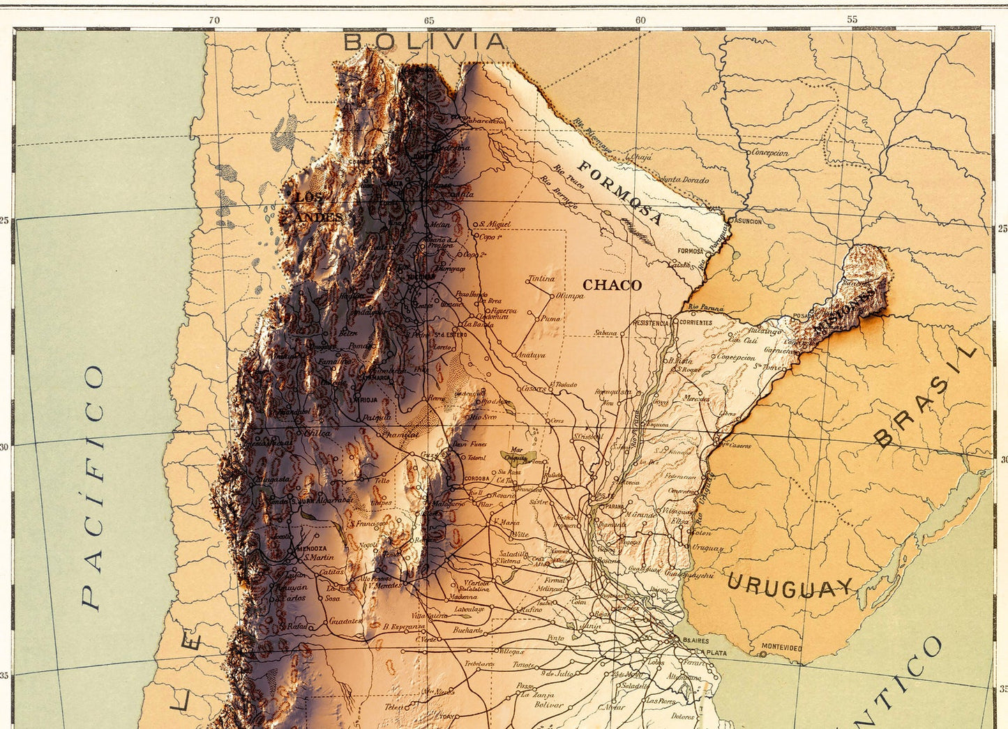 Detailed close-up of a vintage Argentina relief map, showcasing textured topography and geographic contours
