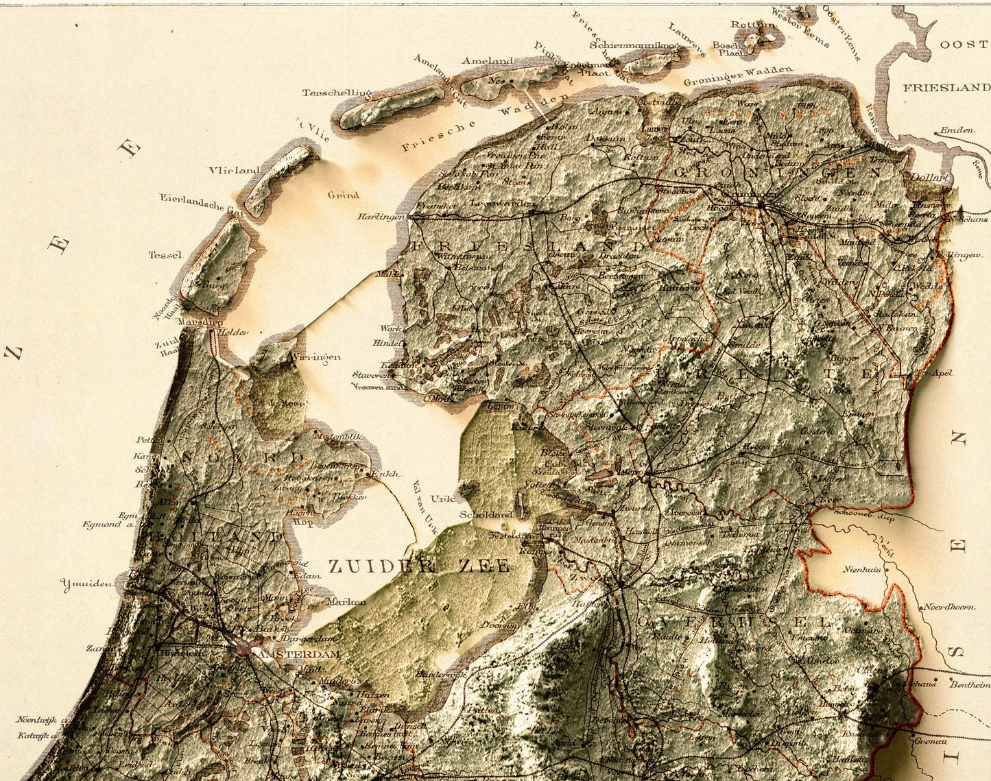 Detailed close-up of a Netherlands relief map, showcasing textured topography and geographic contours