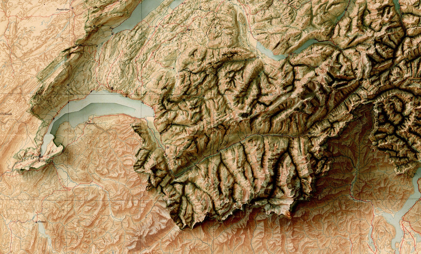 Detailed close-up of a vintage Sweitzerland relief map, showcasing textured topography and geographic contours