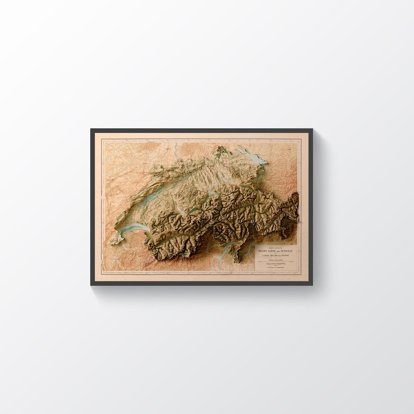 Switzerland vintage framed shaded relief map in black frame. Artistic print highlighting mountains with a realistic terrain effect