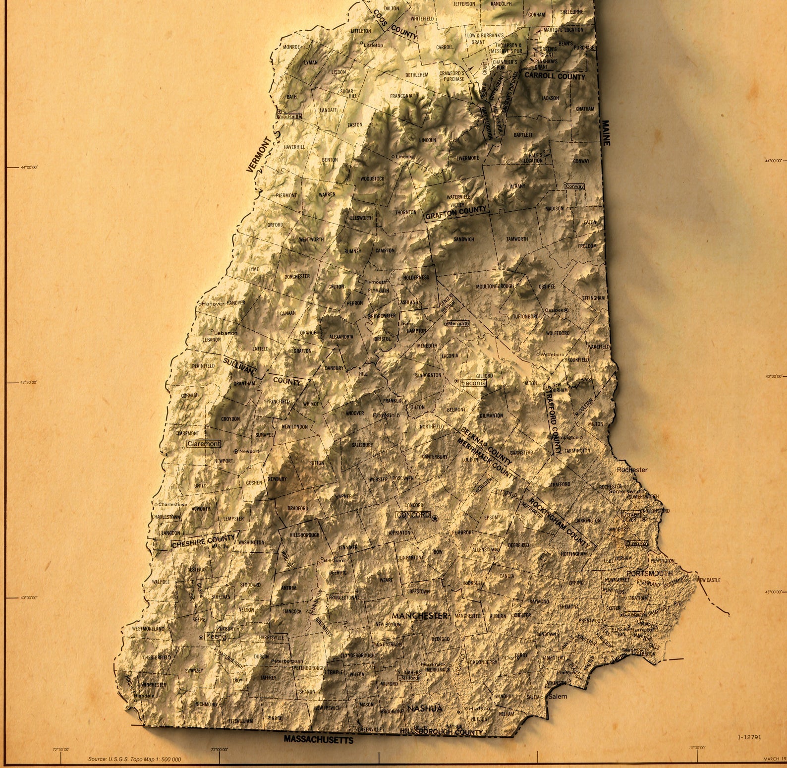 Detailed close-up of a vintage New Hampshire (USA) relief map, showcasing textured topography and geographic contours