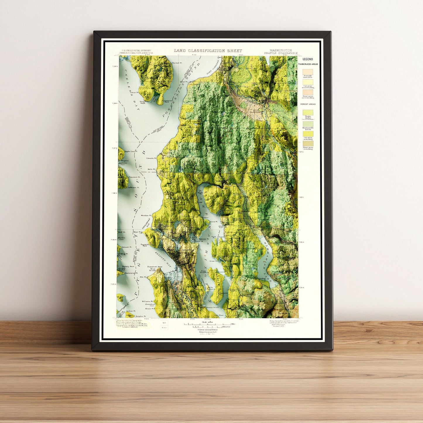 Seattle (USA) vintage framed shaded relief map in black frame. Artistic print highlighting mountains with a realistic terrain effect
