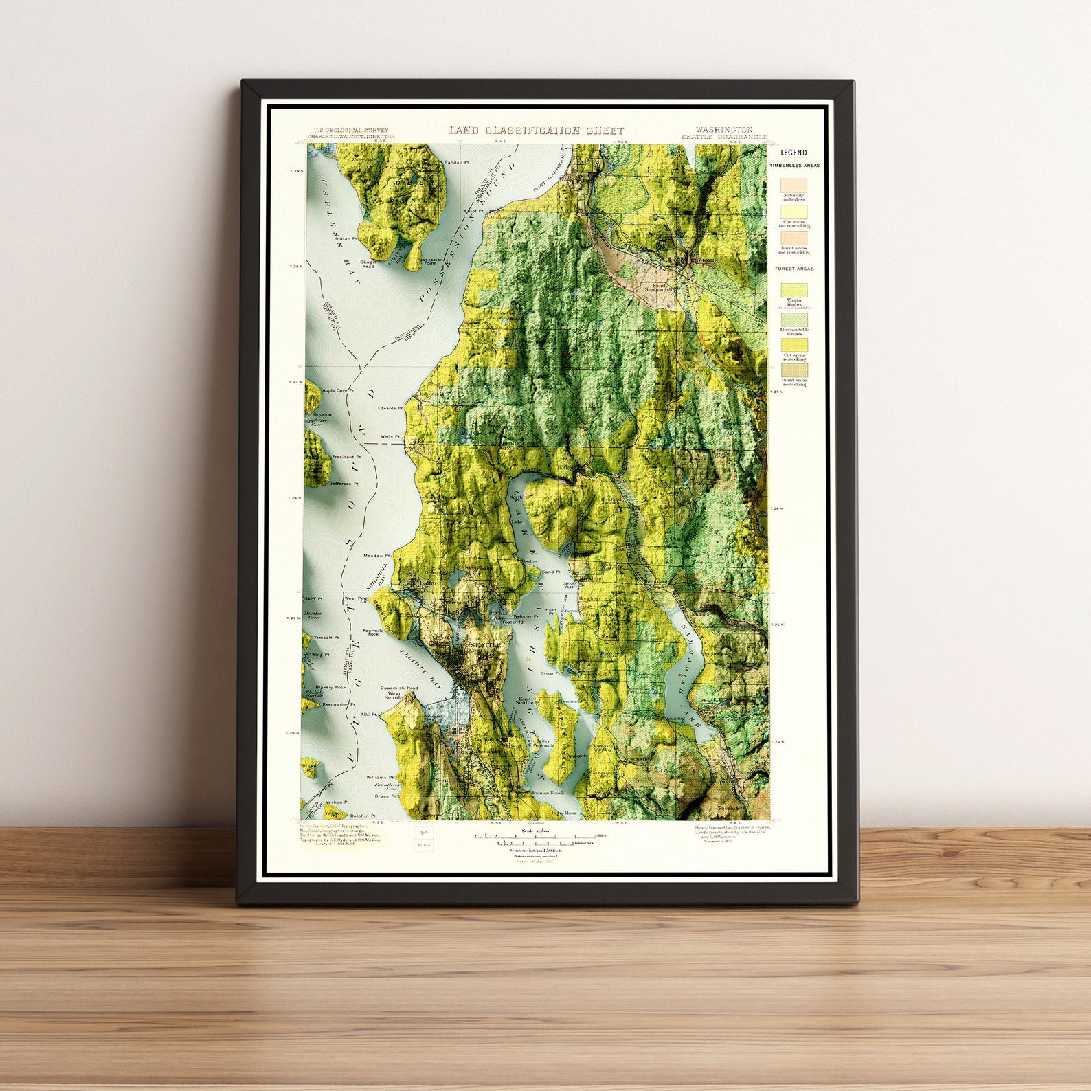 Seattle (USA) vintage framed shaded relief map in black frame. Artistic print highlighting mountains with a realistic terrain effect