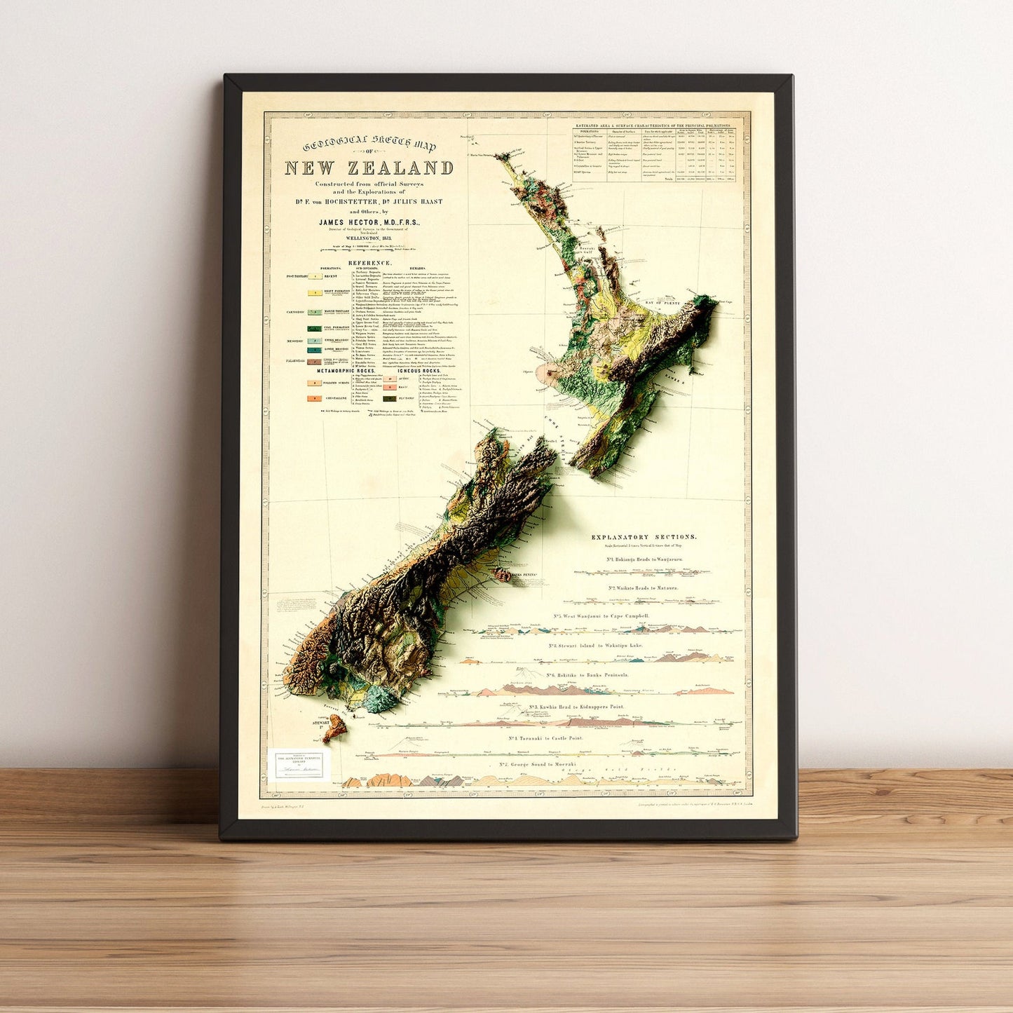 New Zealand vintage framed shaded relief map in black frame. Artistic print highlighting mountains with a realistic terrain effect