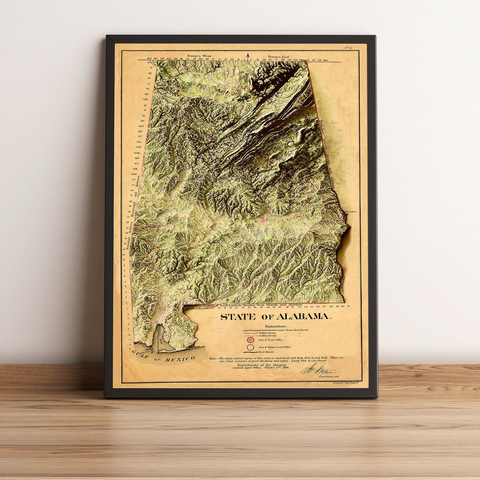 Alabama (USA) vintage framed shaded relief map in black frame. Artistic print highlighting mountains with a realistic terrain effect