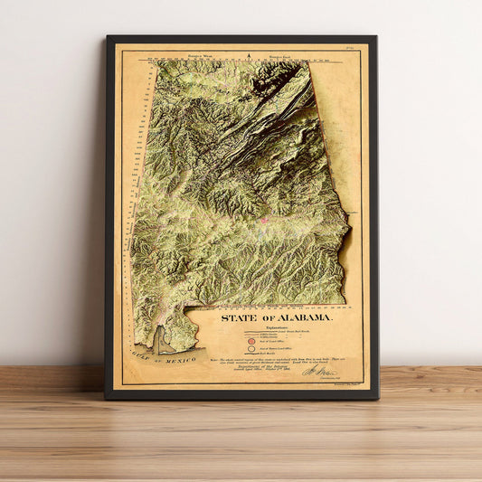 Alabama (USA) vintage framed shaded relief map in black frame. Artistic print highlighting mountains with a realistic terrain effect