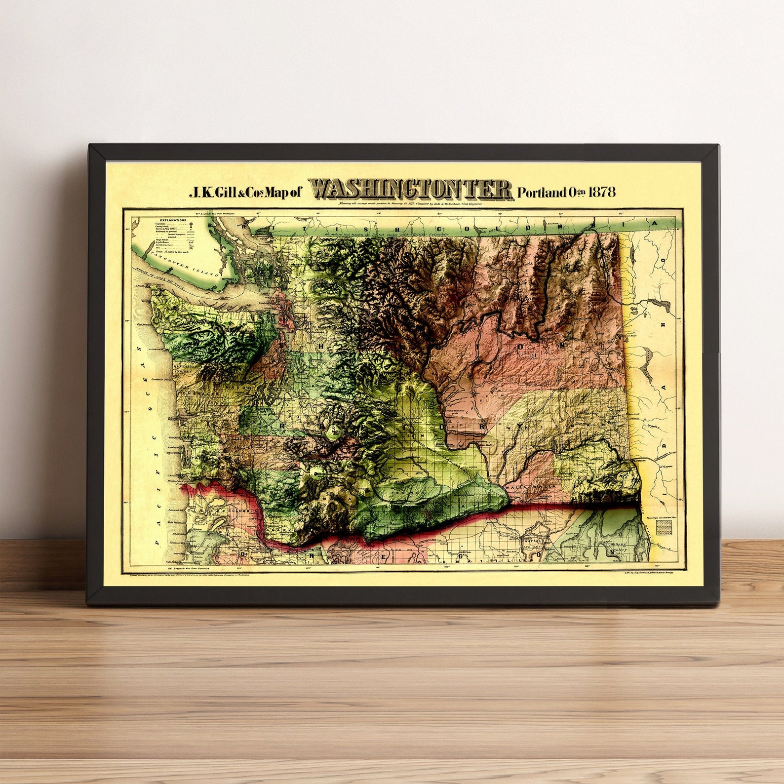 Washington (USA) vintage framed shaded relief map in black frame. Artistic print highlighting mountains with a realistic terrain effect