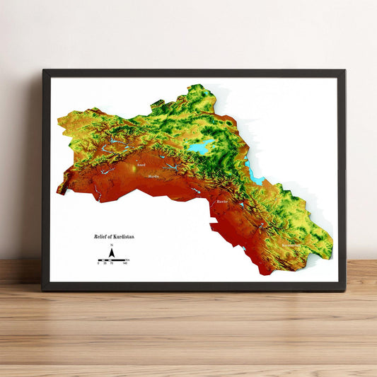 Kurdistan vintage framed shaded relief map in black frame. Artistic print highlighting mountains with a realistic terrain effect