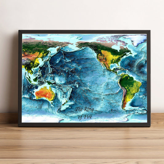 Pacific Ocean, Ring of Fire framed shaded relief map in black frame. Artistic print highlighting mountains with a realistic terrain effect