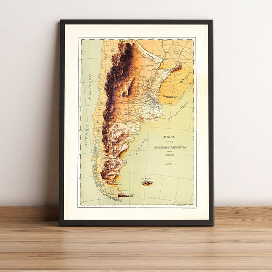Argentina vintage framed shaded relief map in black frame. Artistic print highlighting mountains with a realistic terrain effect