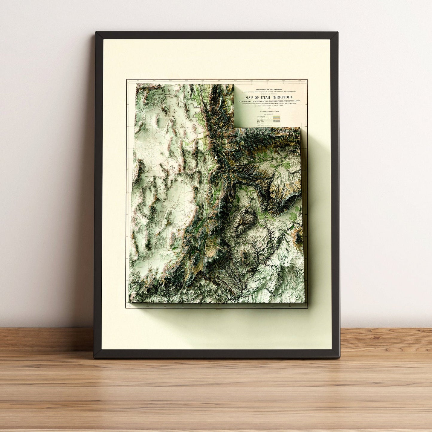 Utah (USA) vintage framed shaded relief map in black frame. Artistic print highlighting mountains with a realistic terrain effect