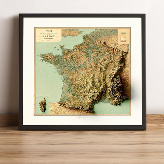 France vintage framed shaded relief map in black frame. Artistic print highlighting mountains with a realistic terrain effect