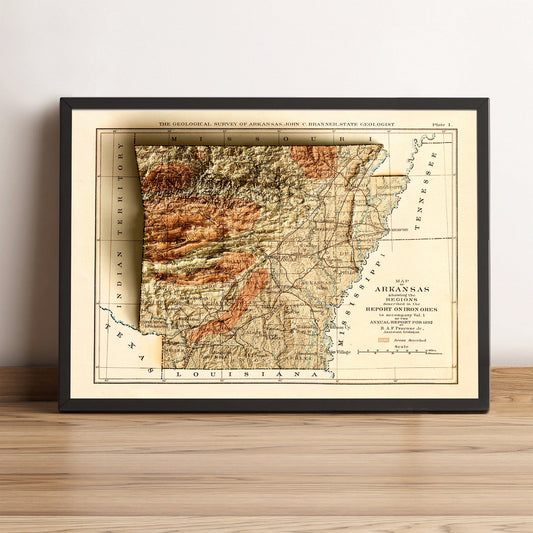 Arkansas (USA) vintage framed shaded relief map in black frame. Artistic print highlighting mountains with a realistic terrain effect