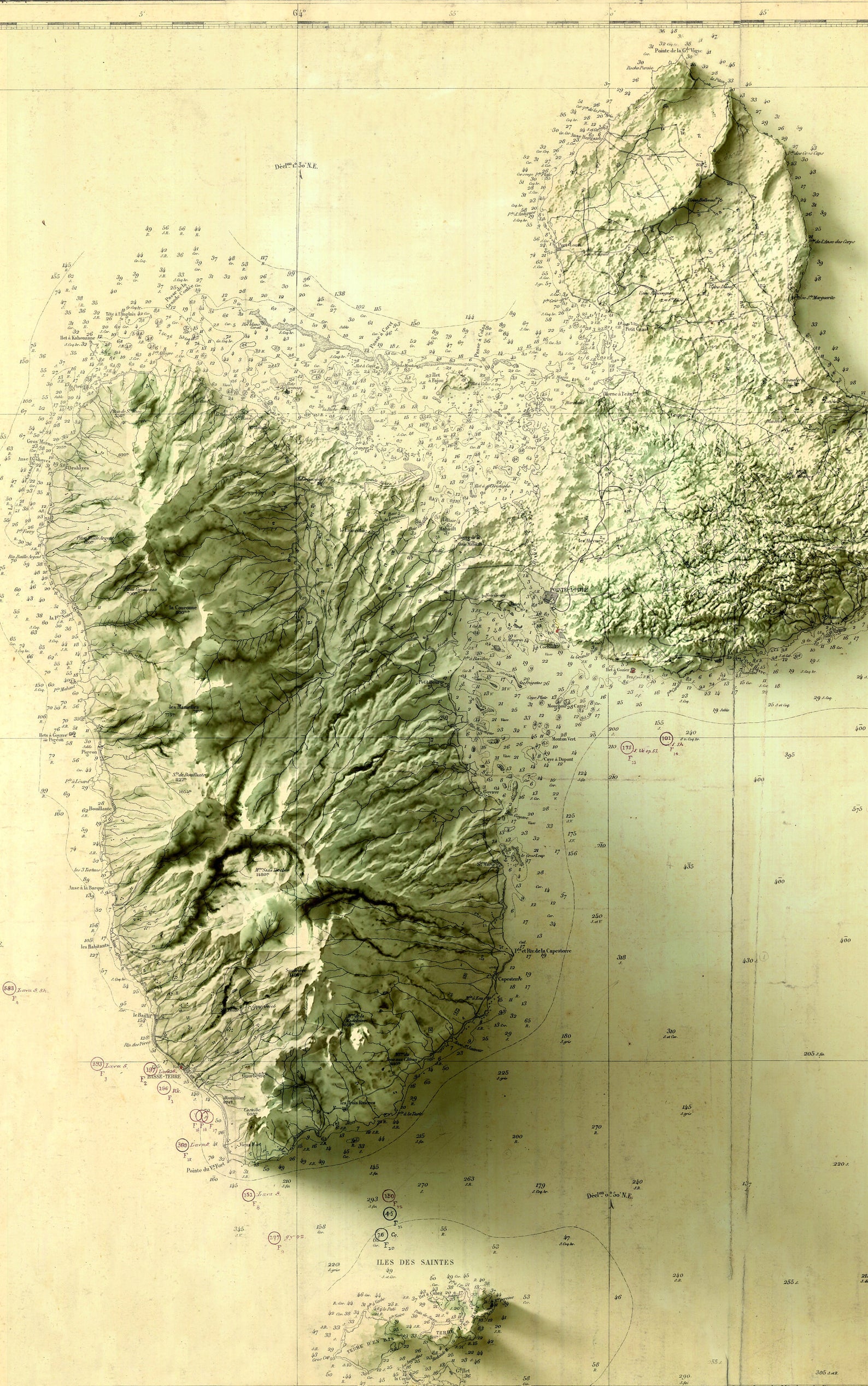 Detailed close-up of a vintage Guadeloupe (France) relief map, showcasing textured topography and geographic contours