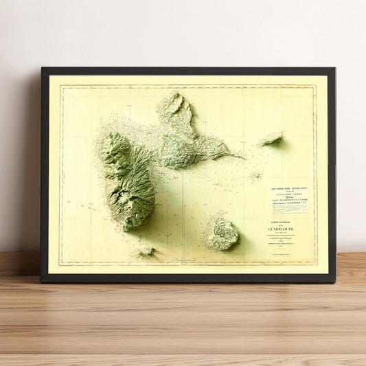 Guadeloupe (France) vintage framed shaded relief map in black frame. Artistic print highlighting mountains with a realistic terrain effect