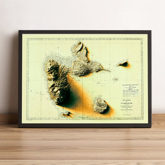 Guadeloupe (France) vintage framed shaded relief map in black frame. Artistic print highlighting mountains with a realistic terrain effect