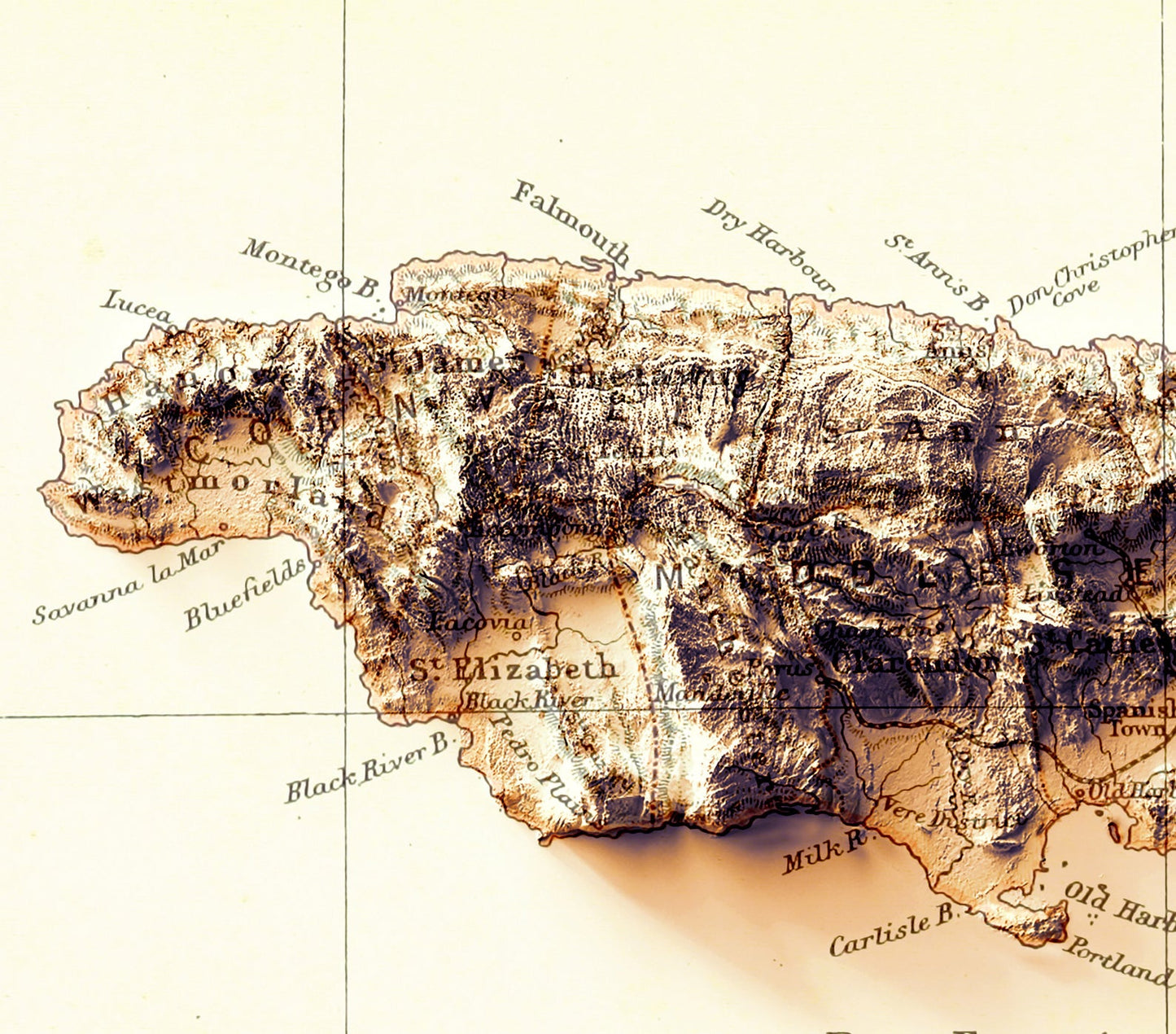 Detailed close-up of a vintage Jamaica relief map, showcasing textured topography and geographic contours