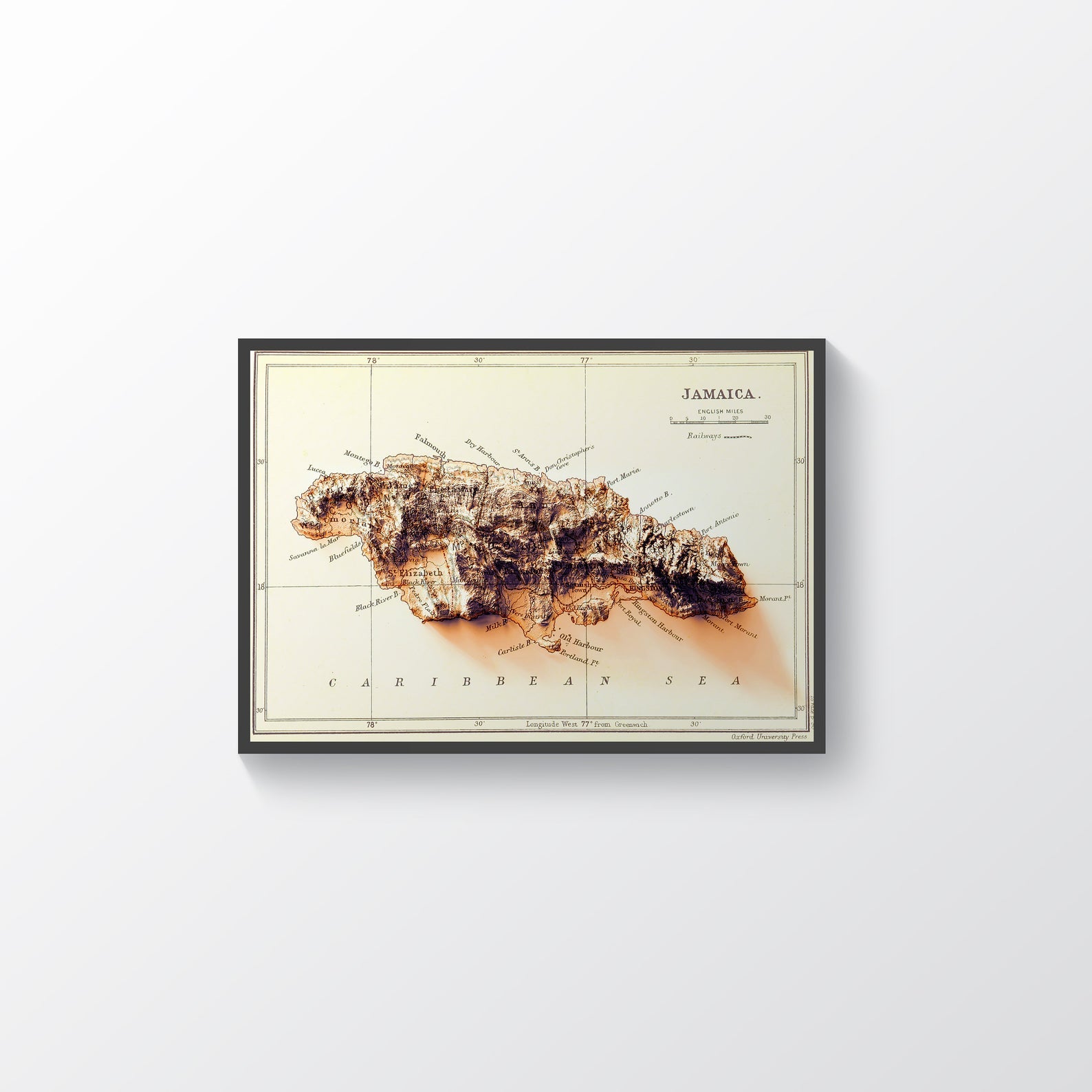 Jamaica vintage framed shaded relief map in black frame. Artistic print highlighting mountains with a realistic terrain effect