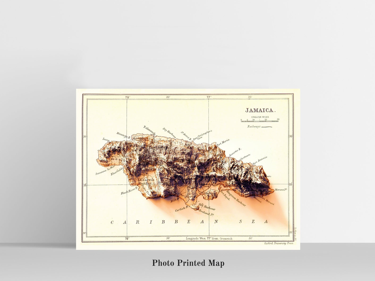 Jamaica Shaded relief map print, highlighting topography. Ideal for home decor and geography lovers