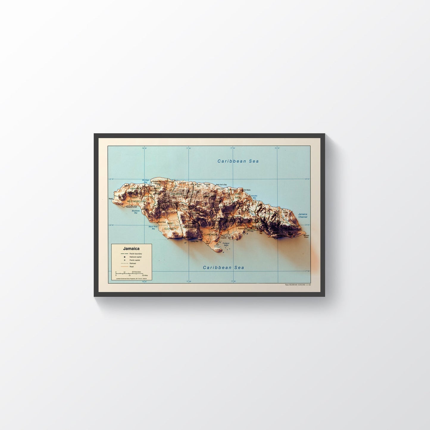 Jamaica vintage framed shaded relief map in black frame. Artistic print highlighting mountains with a realistic terrain effect