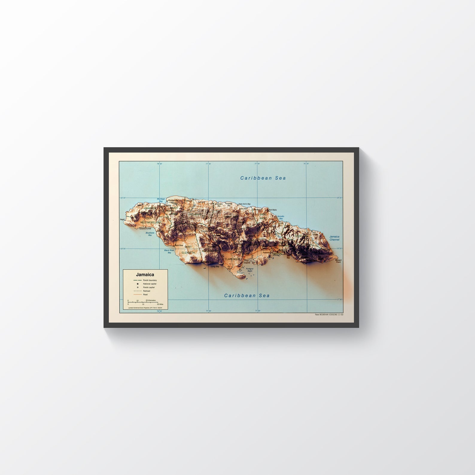 Jamaica vintage framed shaded relief map in black frame. Artistic print highlighting mountains with a realistic terrain effect