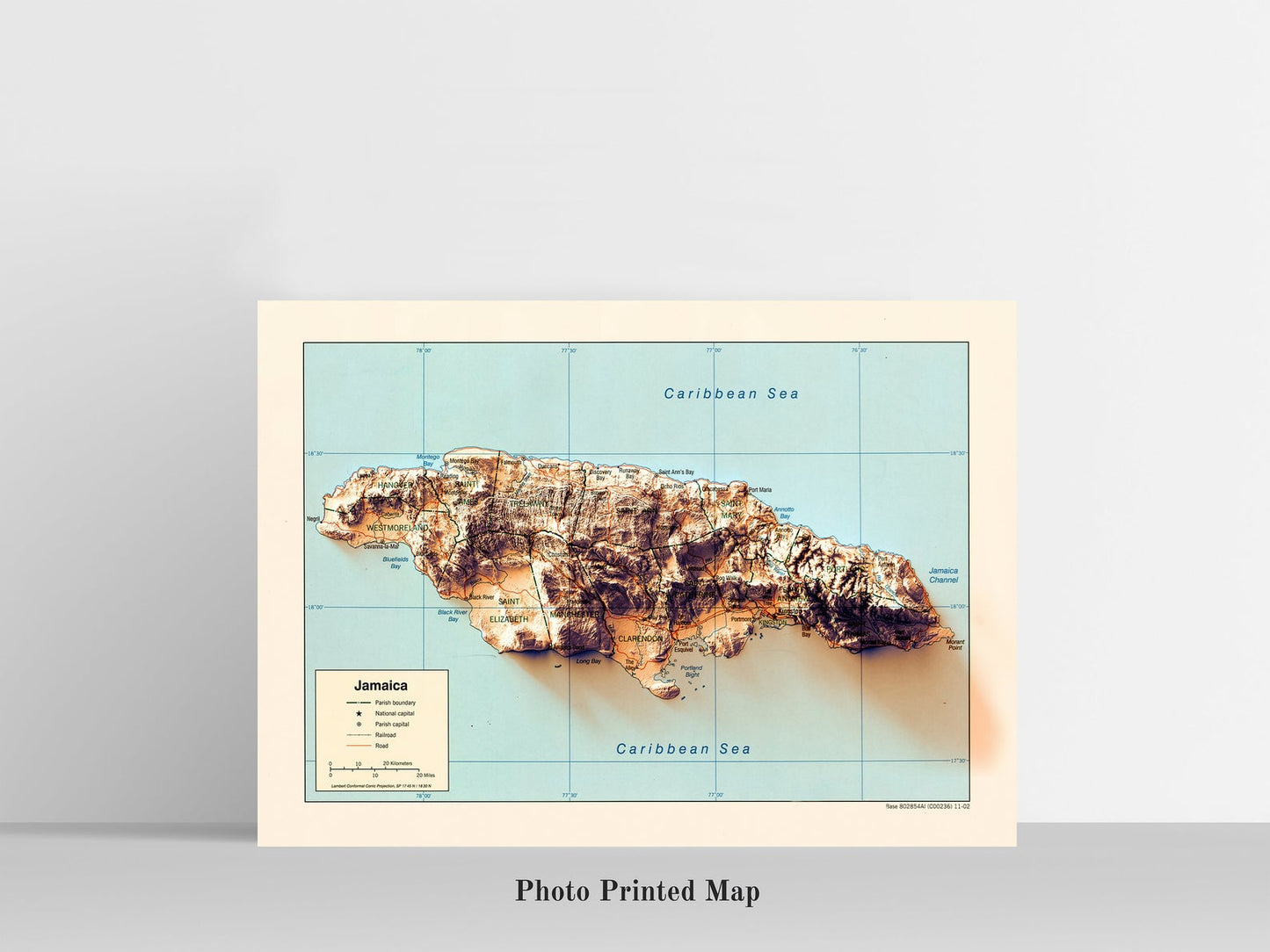 Jamaica Shaded relief map print, highlighting topography. Ideal for home decor and geography lovers