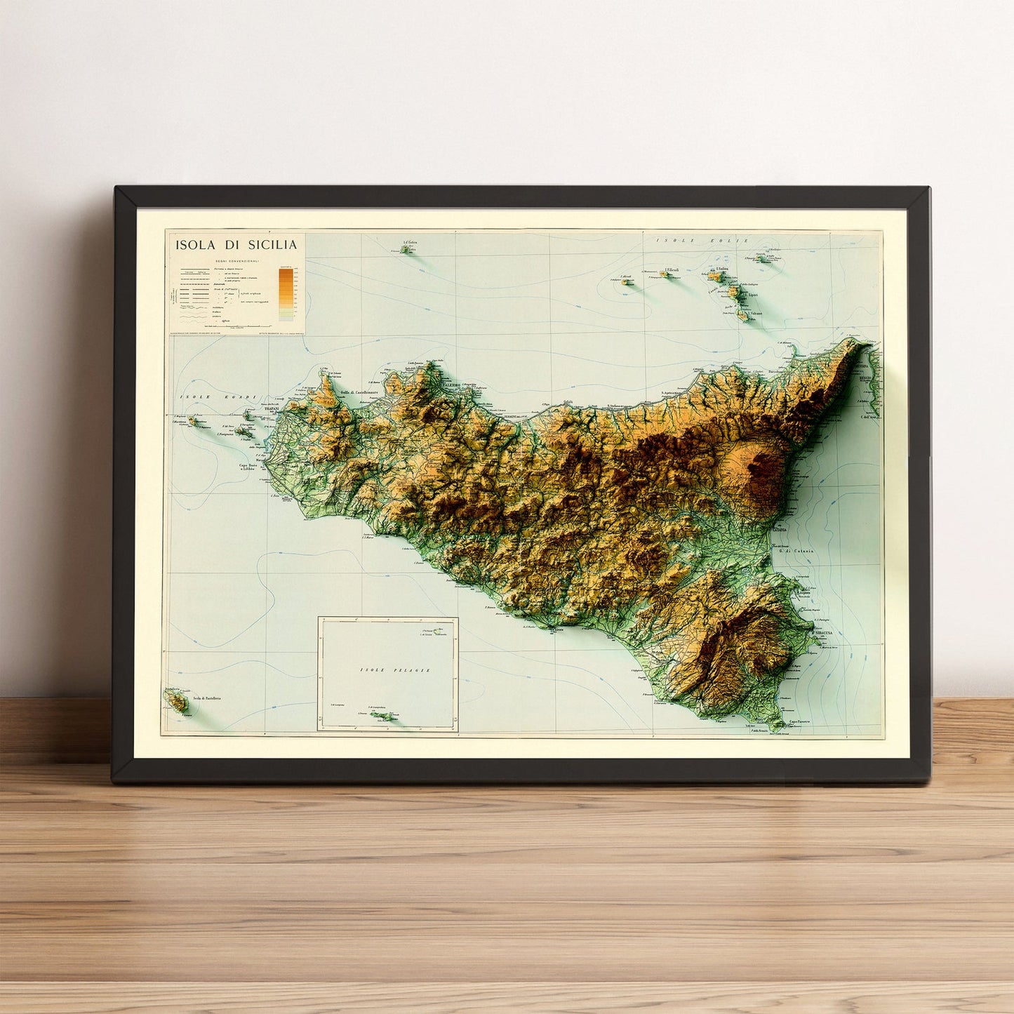 Sicily (italy) vintage framed shaded relief map in black frame. Artistic print highlighting mountains with a realistic terrain effect