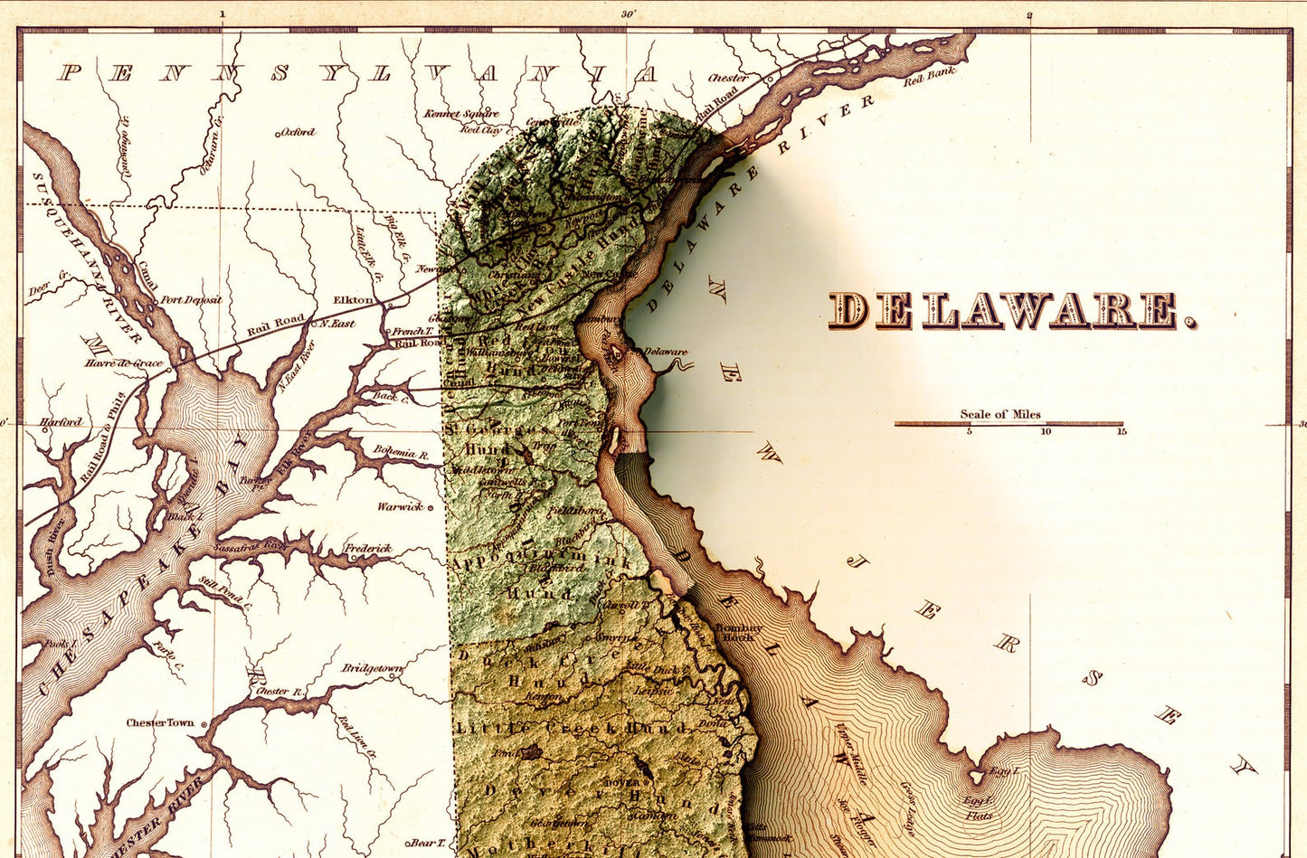 Detailed close-up of a vintage Delaware (USA) map, showcasing textured topography and geographic contours