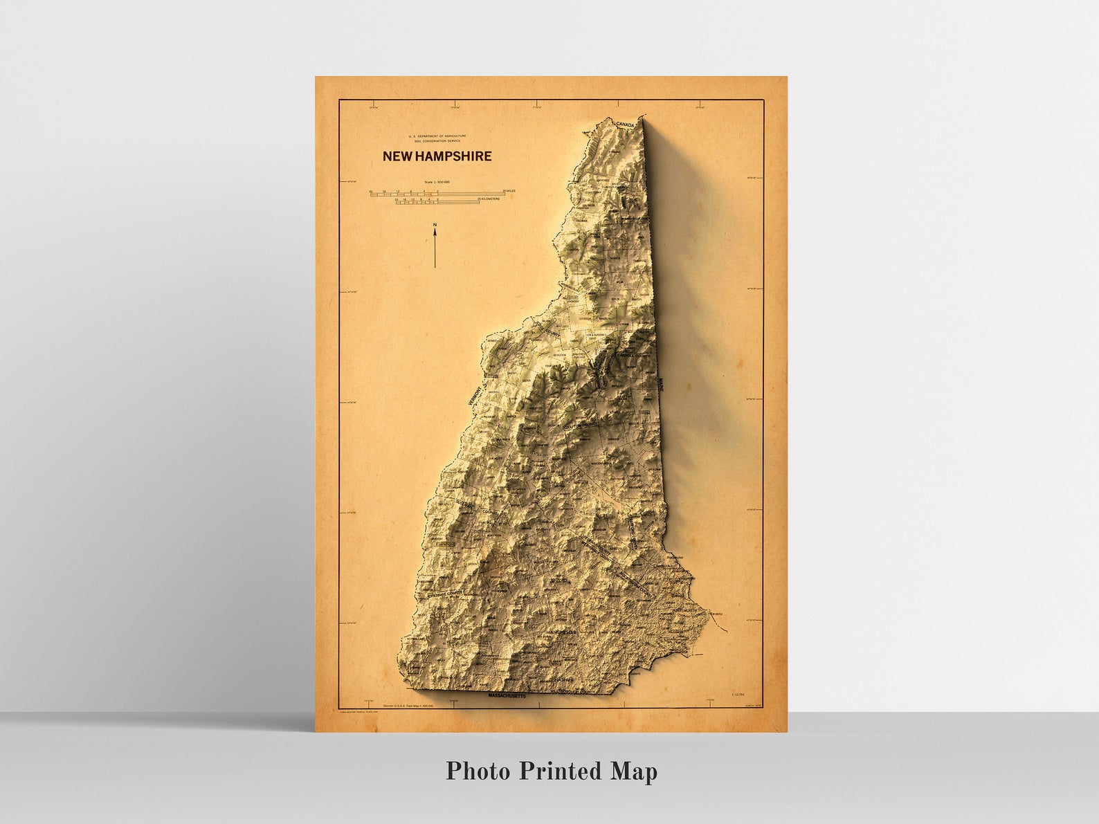 New Hampshire (USA) Shaded relief map print, highlighting topography. Ideal for home decor and geography lovers